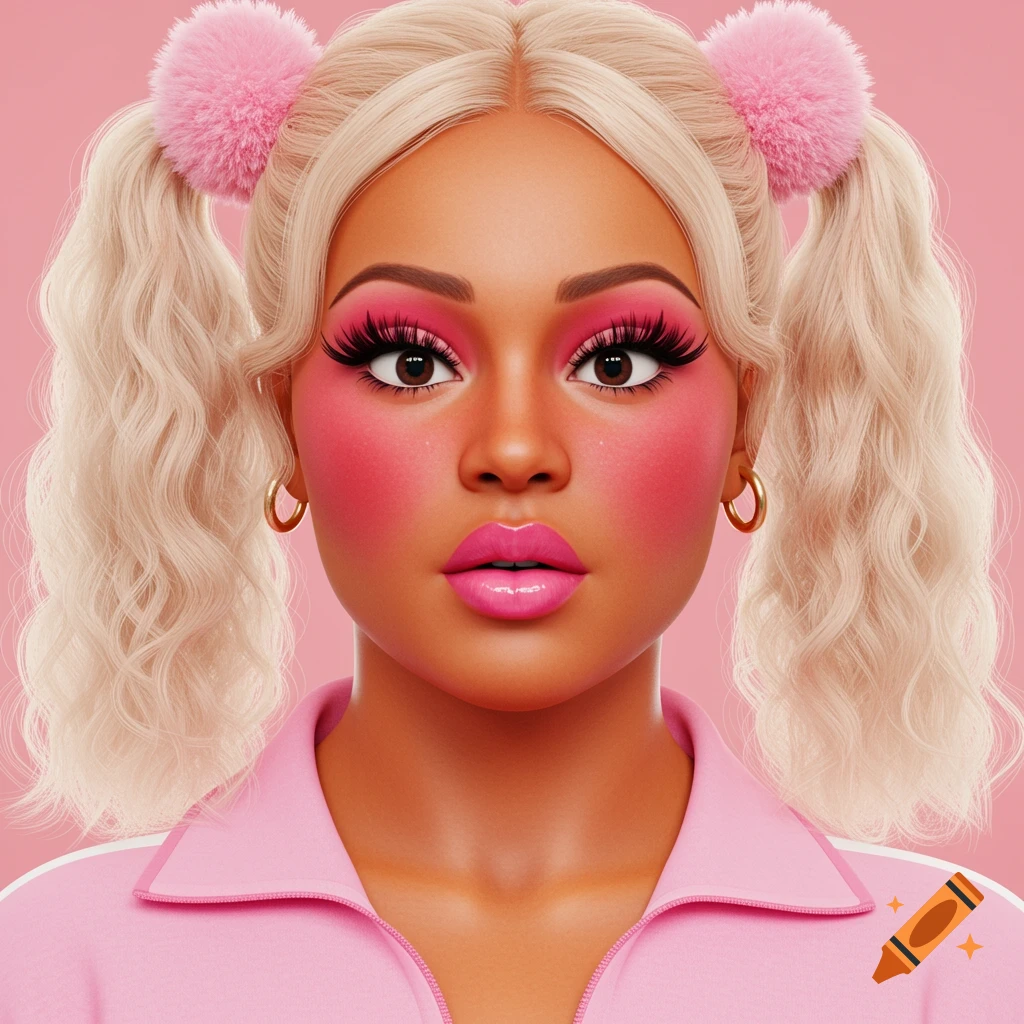 Close-up portrait of a woman with blond pigtails, pink pompom hair ties, exaggerated pink makeup, and pink tracksuit.