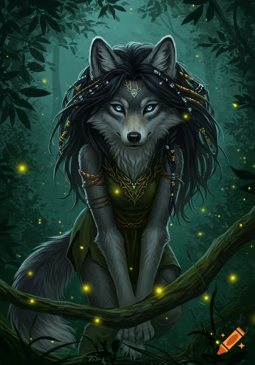 A mystical wolf-girl with blue eyes and braided dark hair, adorned with tribal markings, stands in a glowing forest with fireflies.