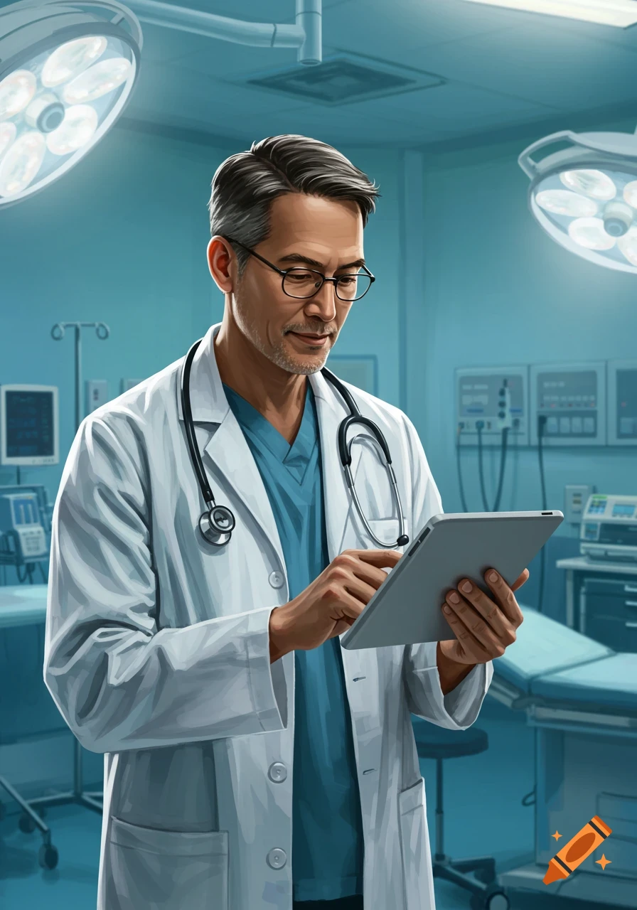 A male doctor in a white lab coat and scrubs, wearing glasses and a stethoscope, looks down at a tablet in a well-lit operating room.