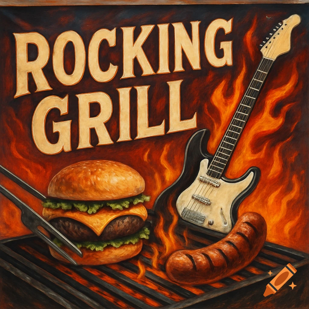 Painted banner for 'Rocking Grill' with a burger, sausage, electric guitar, and flames.