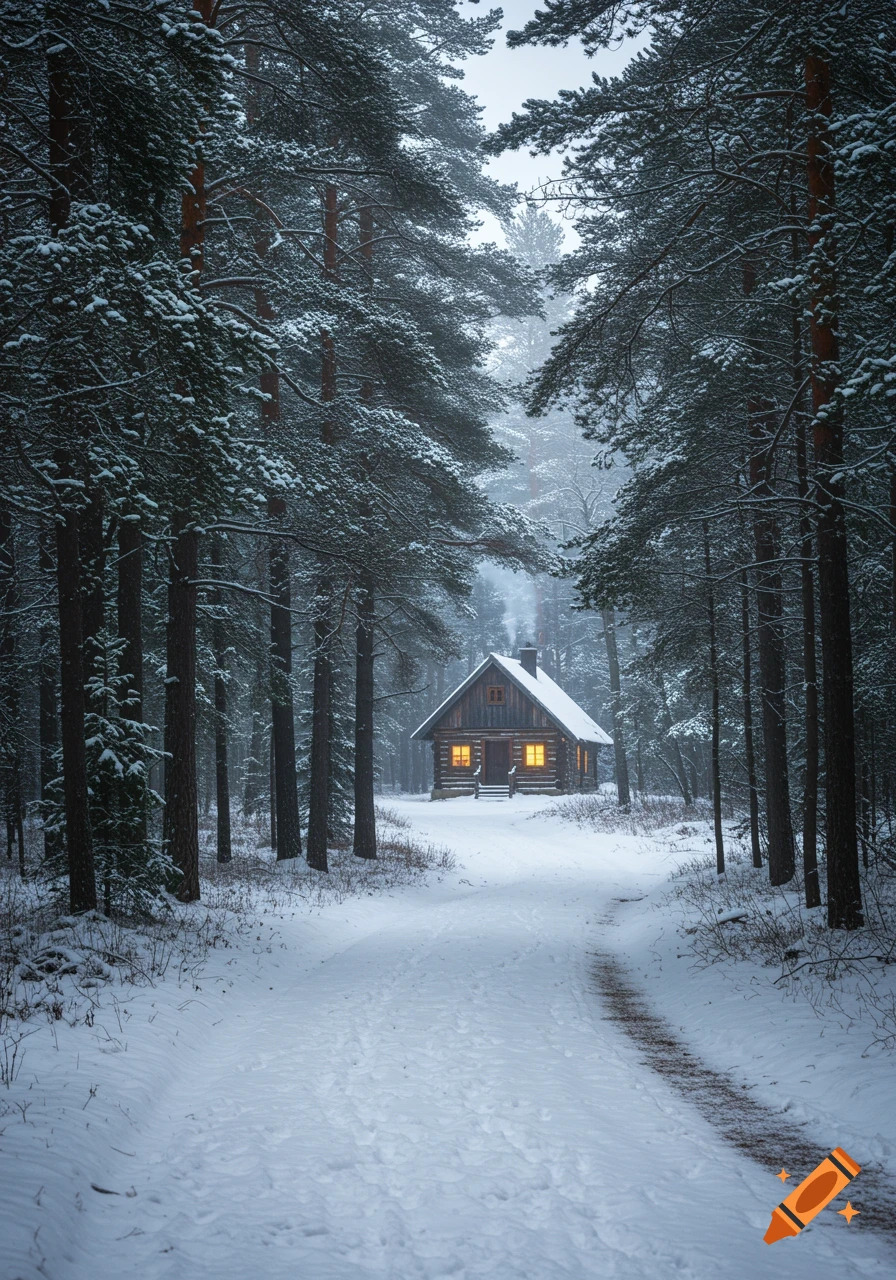 A rustic cabin with glowing windows sits deep within a snow-covered forest, visible at the end of a winding snowy path.