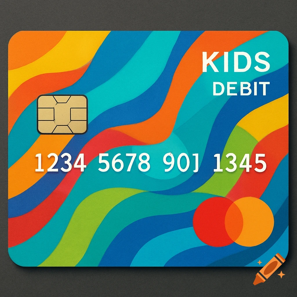 A colorful, modern kids debit card with abstract wavy patterns, a chip, and generic card numbers.