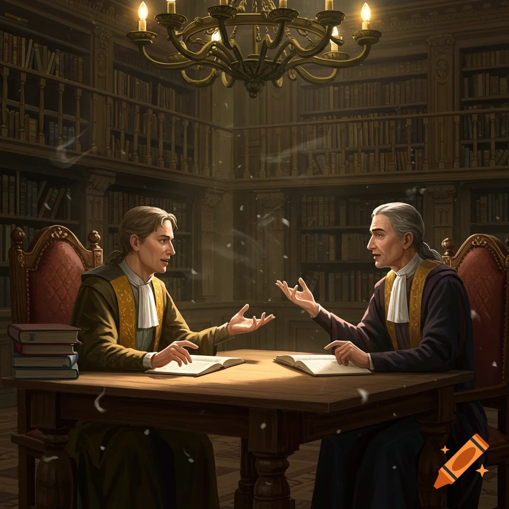 Two scholars in academic robes discuss a topic at a wooden table in a grand library with tall bookshelves. Stylized art.