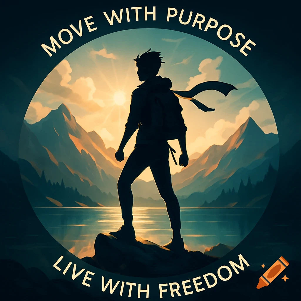Digital art of a person's silhouette on a rock, facing a lake and mountains at sunrise, with 'Move with Purpose, Live with Freedom'.