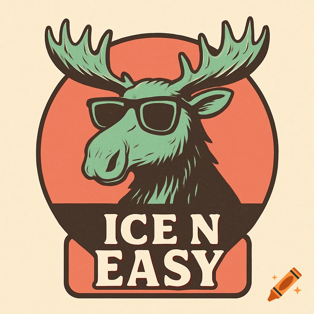 A retro-style logo featuring a moose wearing sunglasses over an orange circle and the text "ICE N EASY" on a banner.