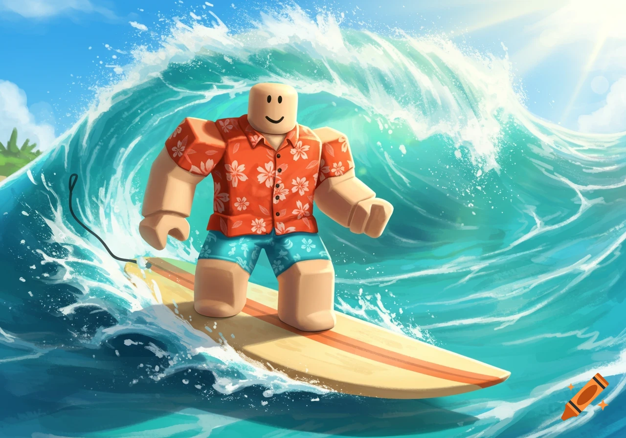 A cartoon Roblox avatar in a Hawaiian shirt and swim shorts surfs a large blue wave under a sunny sky.