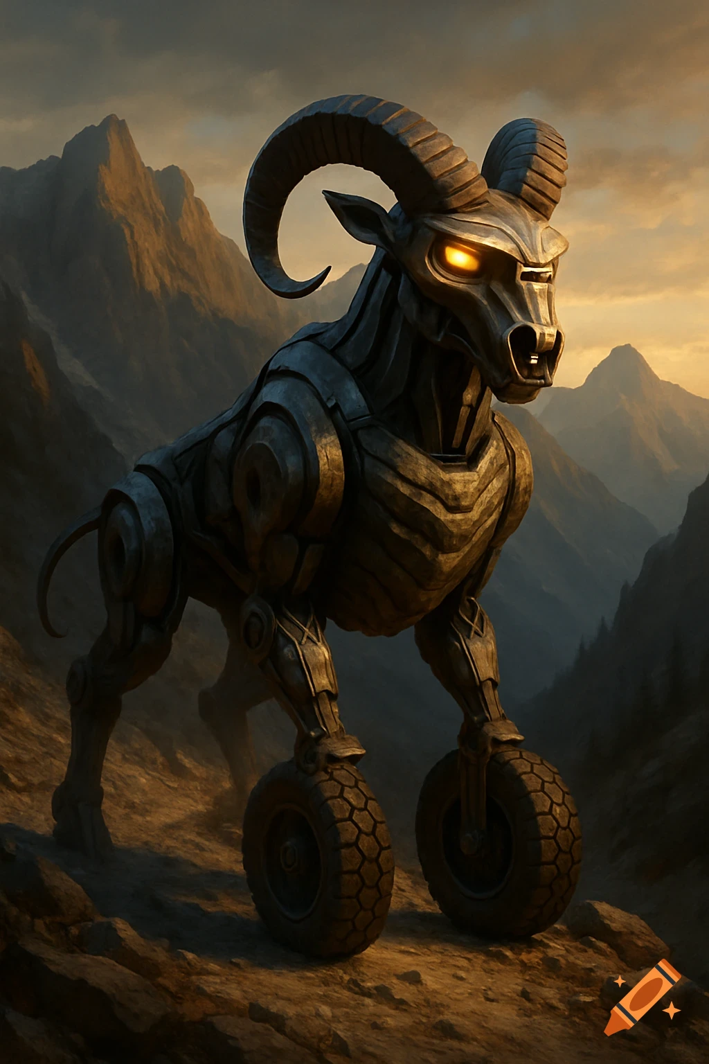 A majestic biomechanical mountain goat with glowing amber eyes and wheeled hooves stands on a rocky mountain path at sunset.
