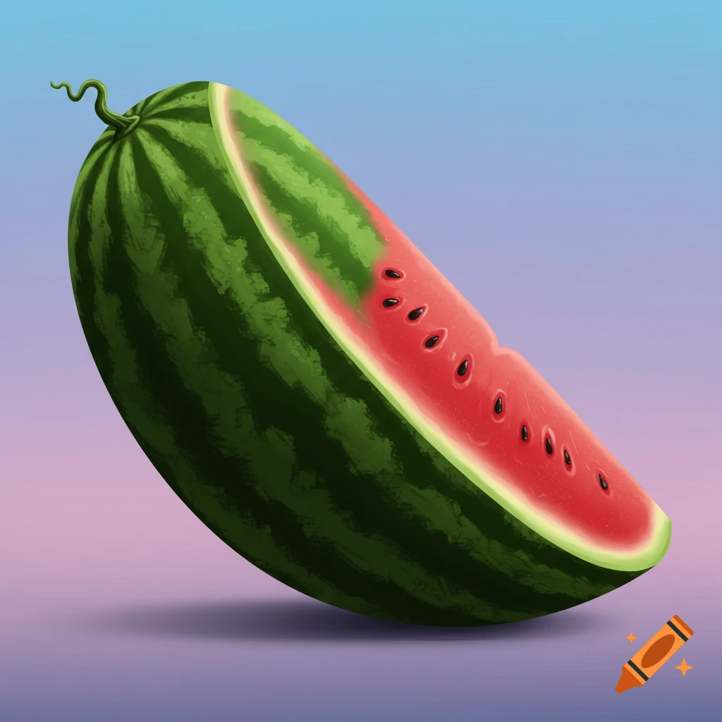 A vertically sliced, elongated watermelon with red flesh and black seeds, set against a blue and purple gradient background in an illustrative style.