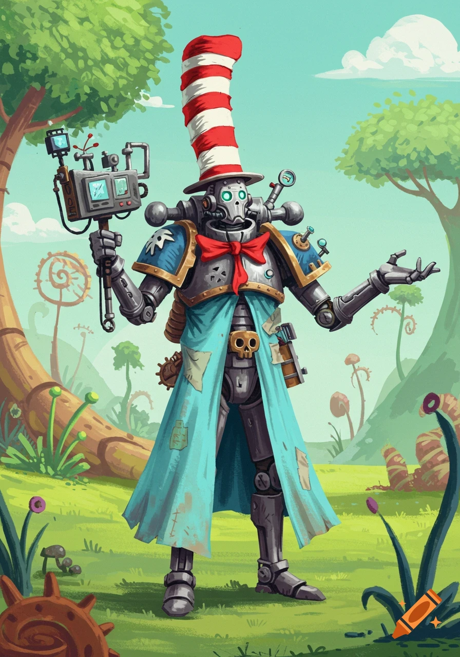 A robot in 'Cat in the Hat' style, with a red and white striped hat, blue coat, and armor, holding a device in a whimsical, cartoonish landscape.