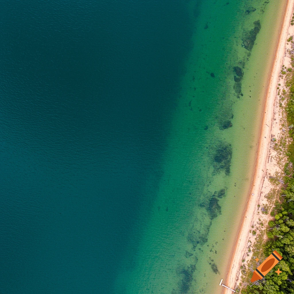 An aerial shot directly above a sandy beach, clear turquoise water, and dark green forest.