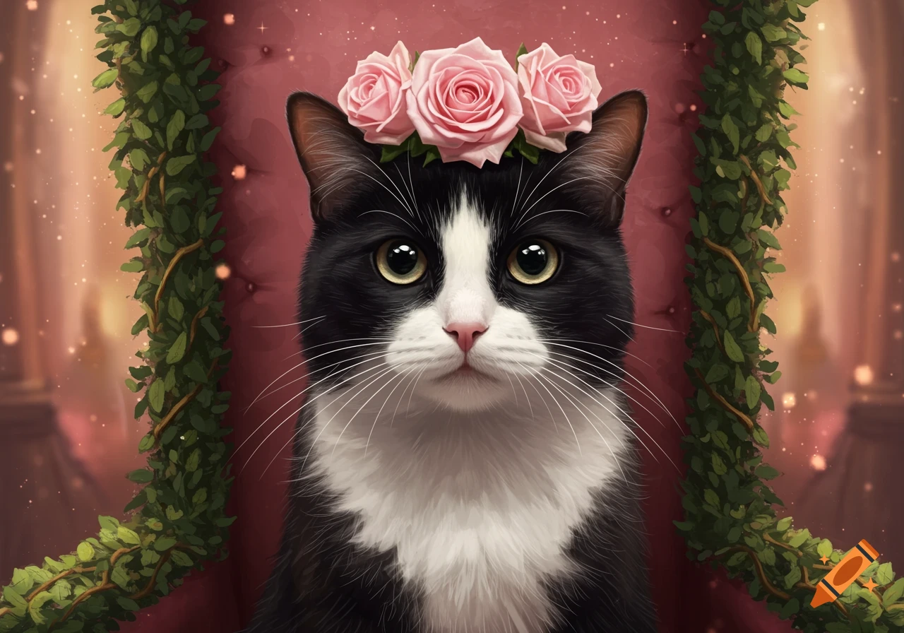 A black-and-white tuxedo cat with a pink rose crown sits on a leafy throne. Blurred pink background with sparkles. Digital painting.