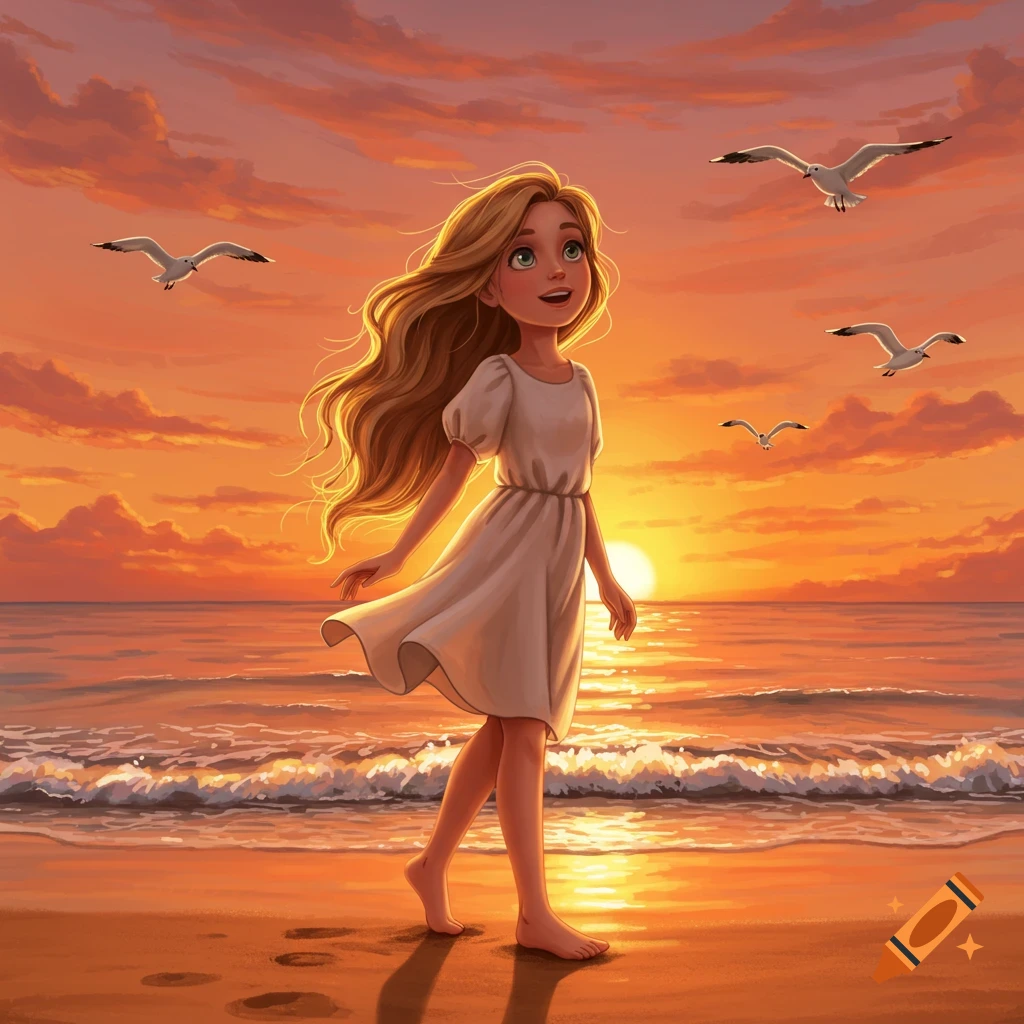 A happy girl with long blonde hair walks barefoot on a beach at sunset, with seagulls flying overhead.