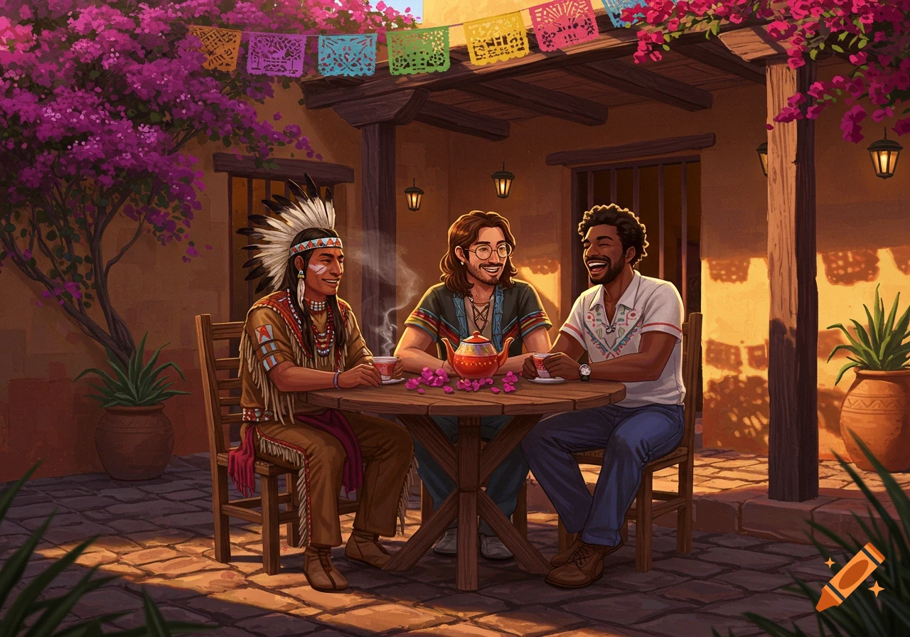 Three diverse men, including a Native American man, an African American, and a man with glasses, drinking tea on a vibrant Mexican patio.