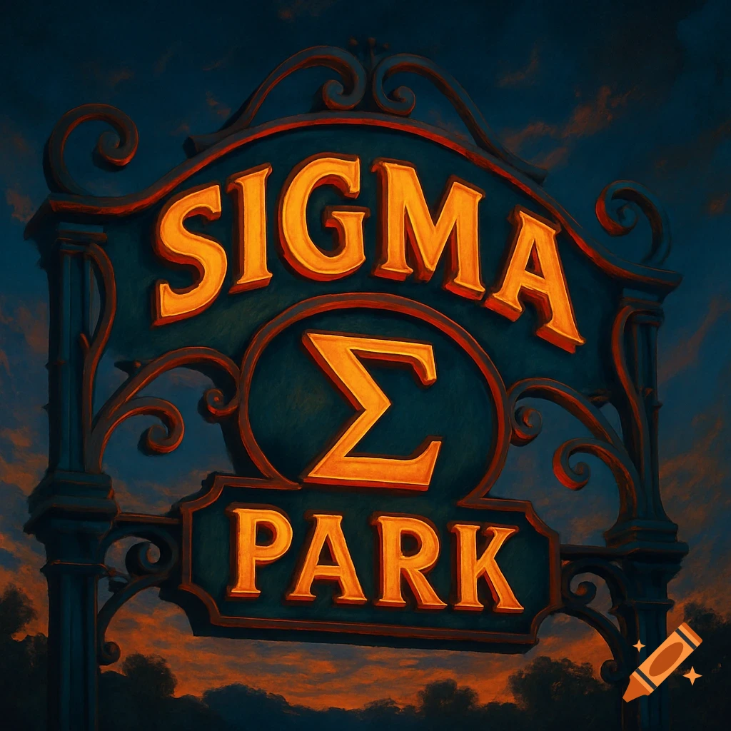 An ornate, glowing theme park sign reads 'SIGMA PARK' with a Sigma symbol, set against a dramatic sunset sky.