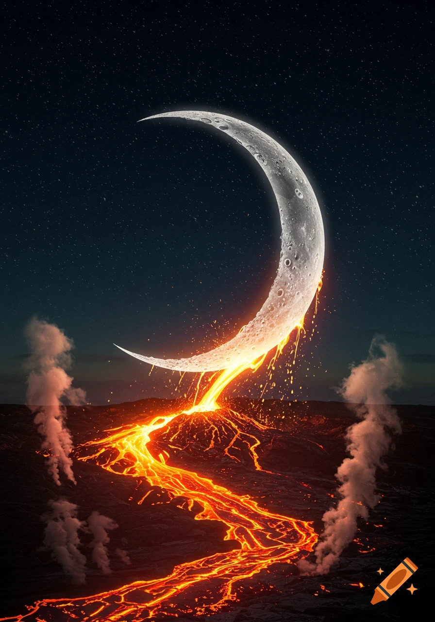 A crescent moon melts into a river of glowing orange lava flowing across a dark landscape under a star-filled night sky.