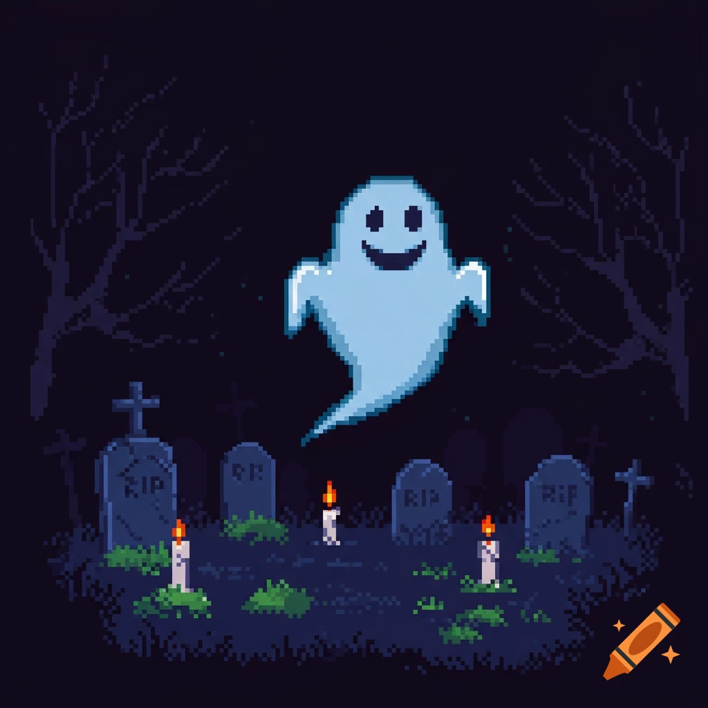 A friendly pixel art ghost floats above a dimly lit graveyard with gravestones and lit candles.