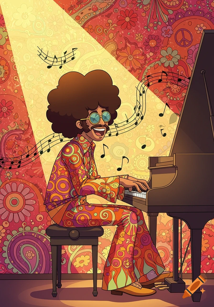 A cartoon musician with an afro and sunglasses plays a piano in a retro 60s psychedelic style, surrounded by musical notes and vibrant patterns.