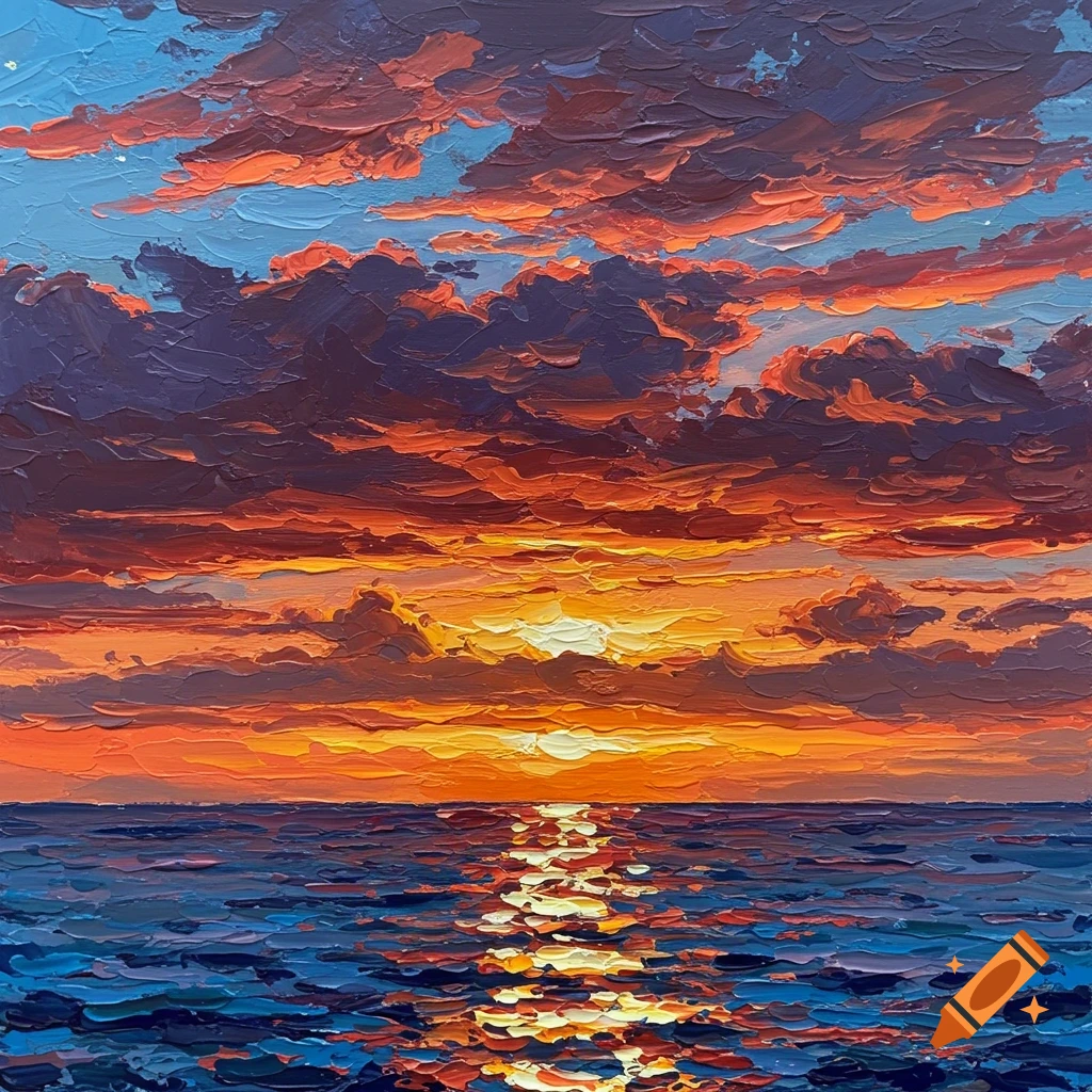 Thick oil painting of a vibrant sunset over the ocean with fiery red clouds and a brilliant sun reflecting on the blue water.