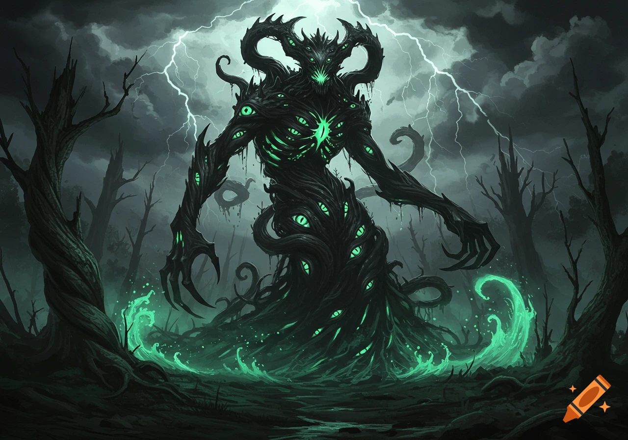 A terrifying eldritch monster with many glowing green eyes, made of dark roots, stands in a stormy, lightning-filled forest.