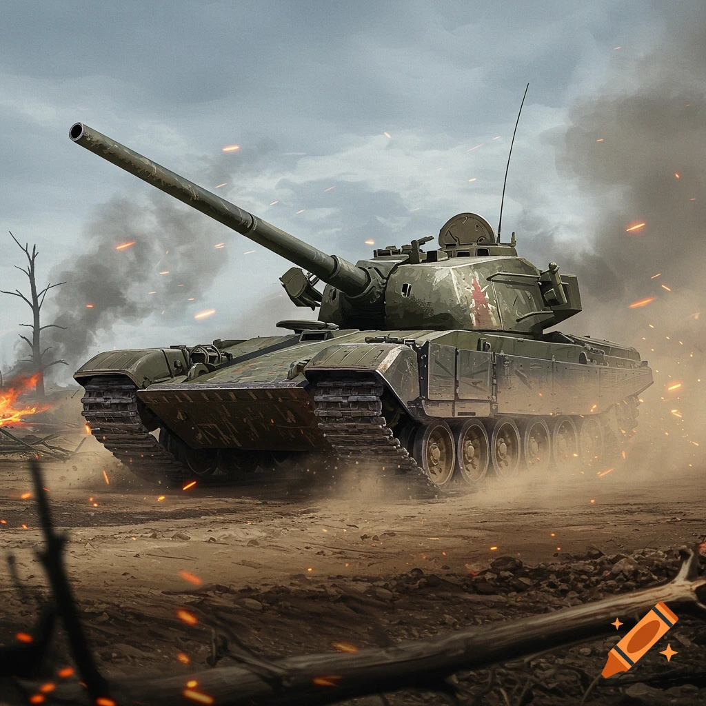 A military tank drives through a dusty, smoky battlefield with debris and fire in a dramatic, photorealistic style.