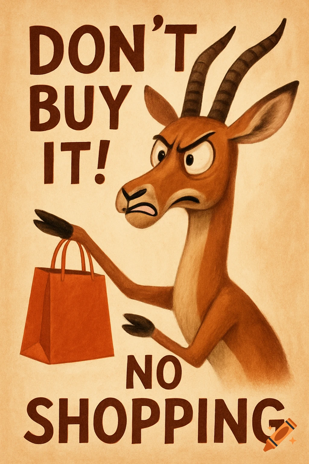 An angry cartoon gazelle holds a red shopping bag with text 'DON'T BUY IT! NO SHOPPING' against a textured beige background.