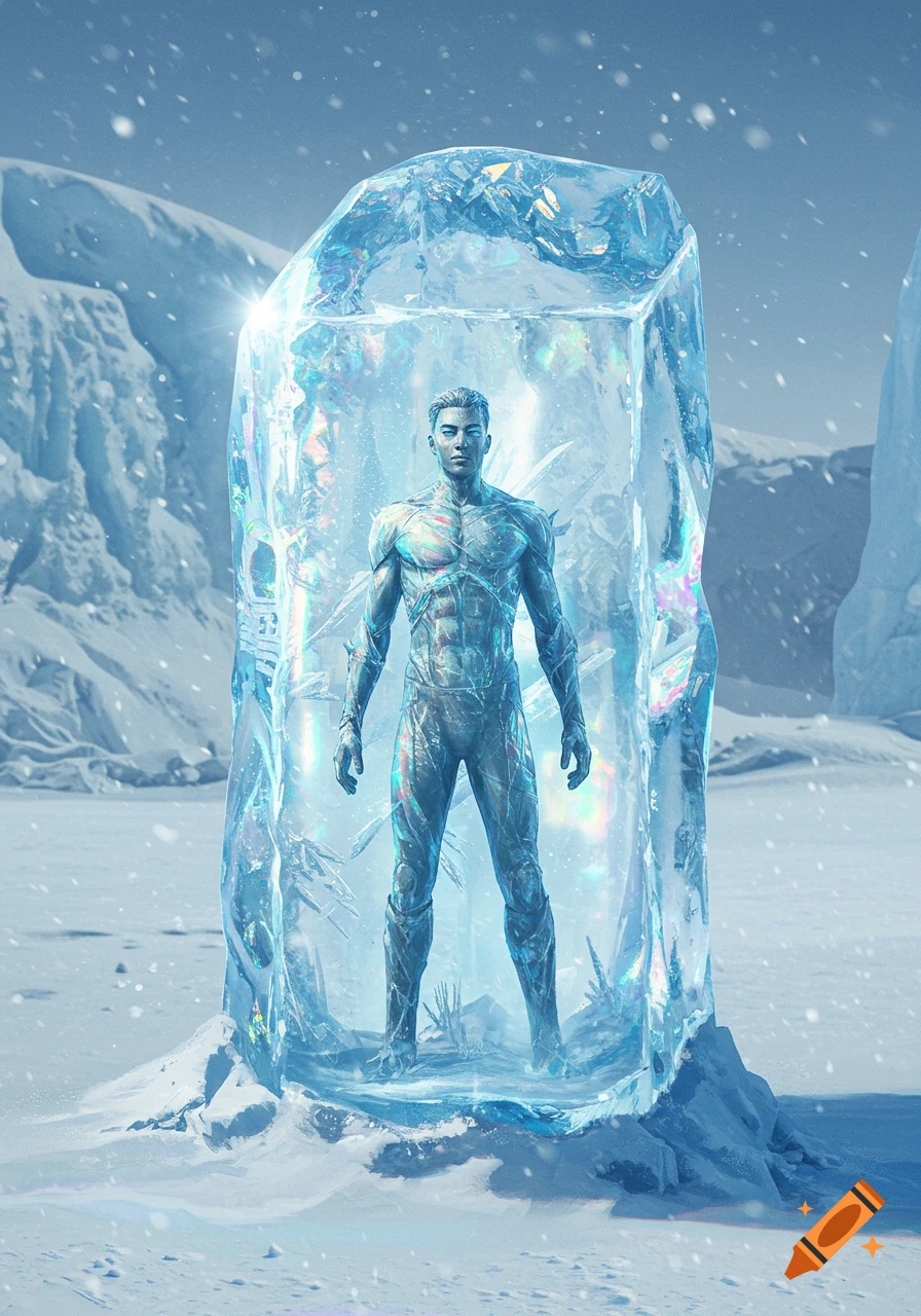 A man in a futuristic suit encased in a large, sparkling block of ice in a snowy mountain landscape, with snow falling.