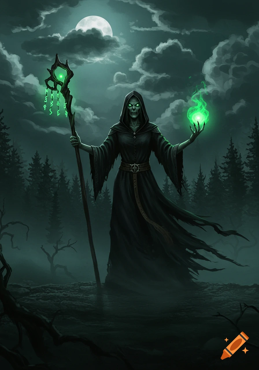 A skeletal sorcerer in a black robe holds a glowing staff and an orb of green magic in a misty, dark forest under a full moon.