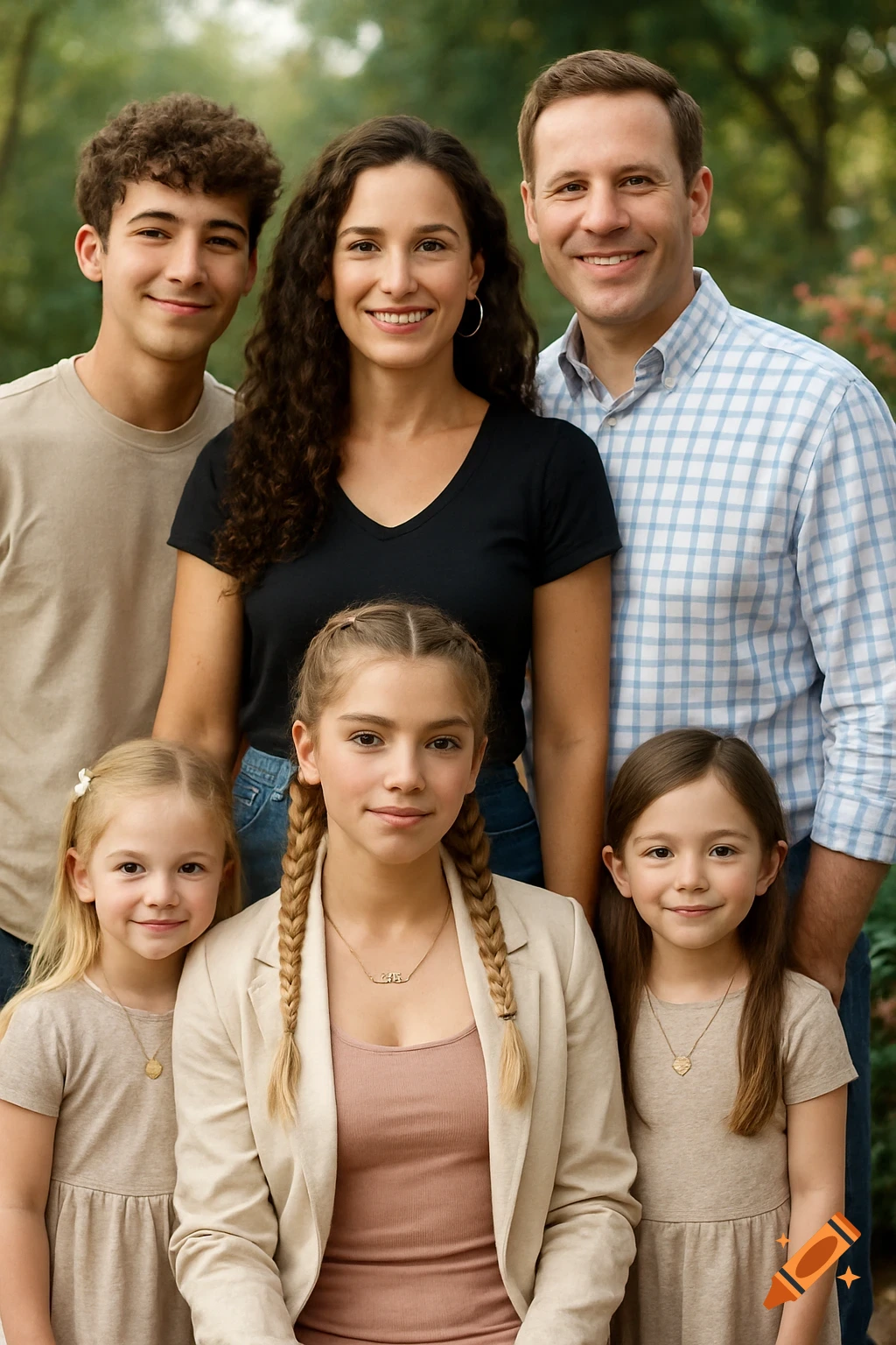 A photorealistic portrait of a diverse family of six, including parents and four children, smiling outdoors.