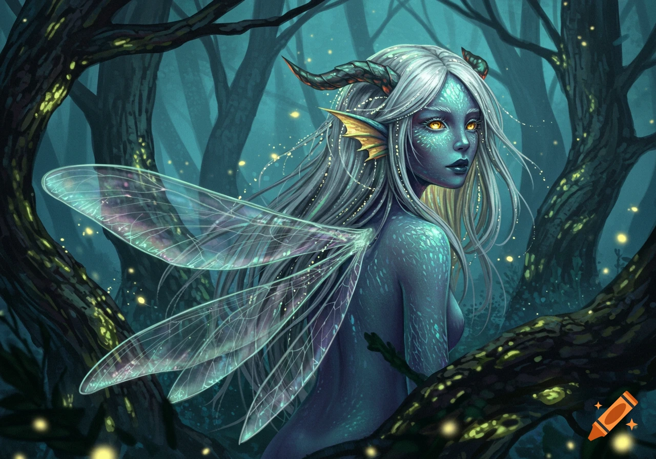 A blue-skinned fairy with white hair, horns, and glowing yellow eyes stands in a dark magical forest.