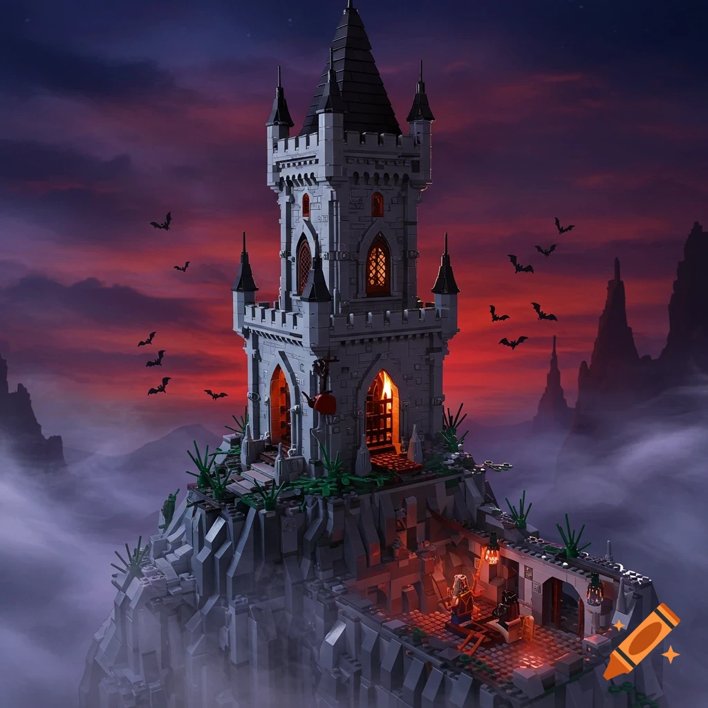 A detailed Lego-built evil castle tower on a misty cliffside at dusk, with bats flying against a red and purple sky.