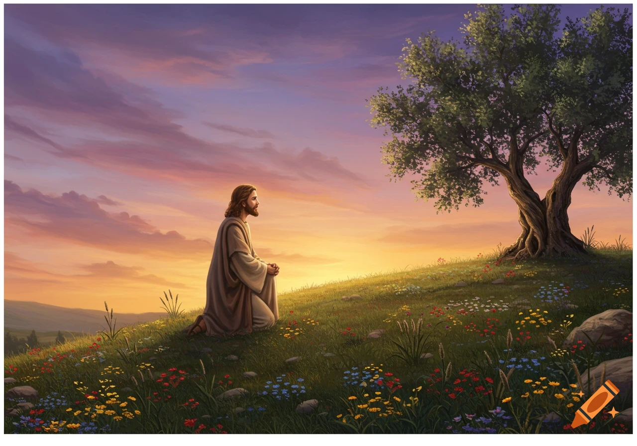 Jesus kneels and prays on a flower-filled hillside at sunset with a large tree.