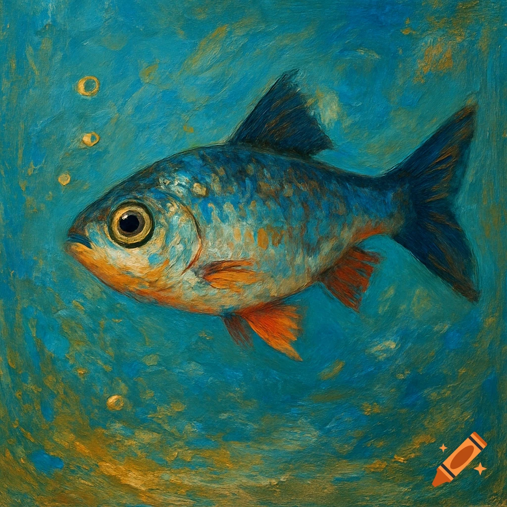 A stylized painting of a blue and orange fish swimming in teal water with golden brushstrokes and small bubbles.