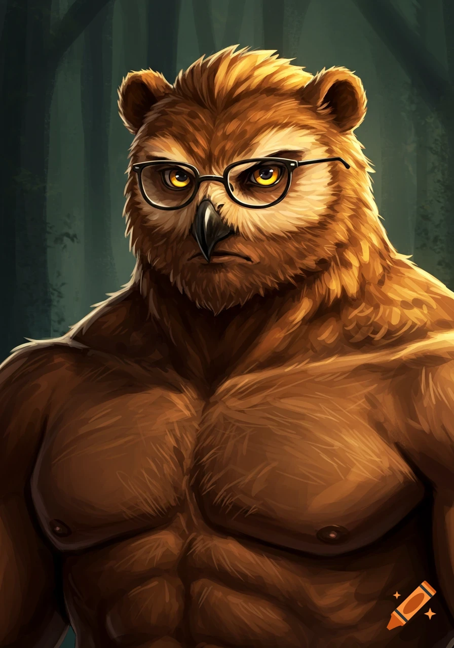 A beefy anthropomorphic golden eagle owl-bear hybrid male wearing glasses, with a stern expression, in a forest.