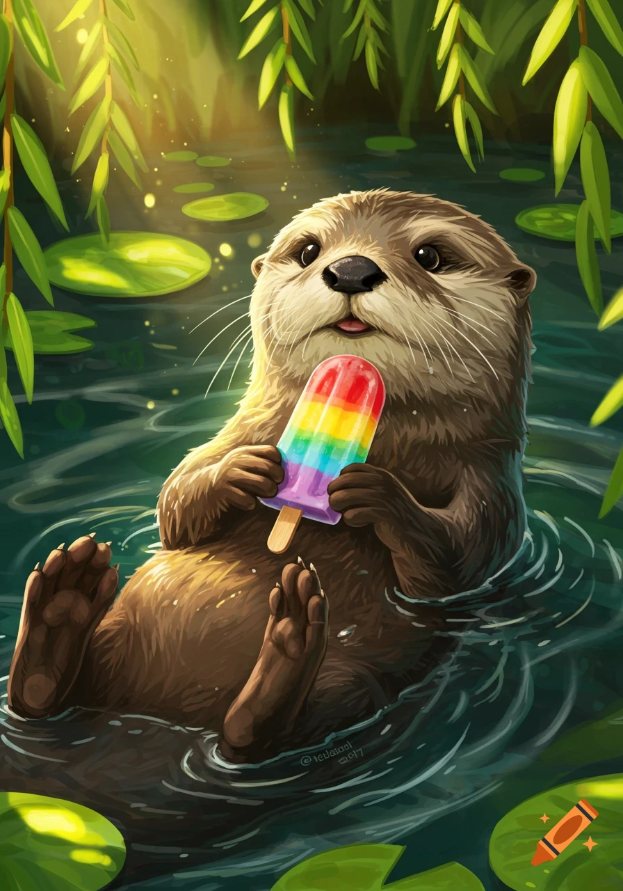 A cute otter floats on its back in water, holding a rainbow-colored popsicle. Green lily pads and leaves are visible around it.