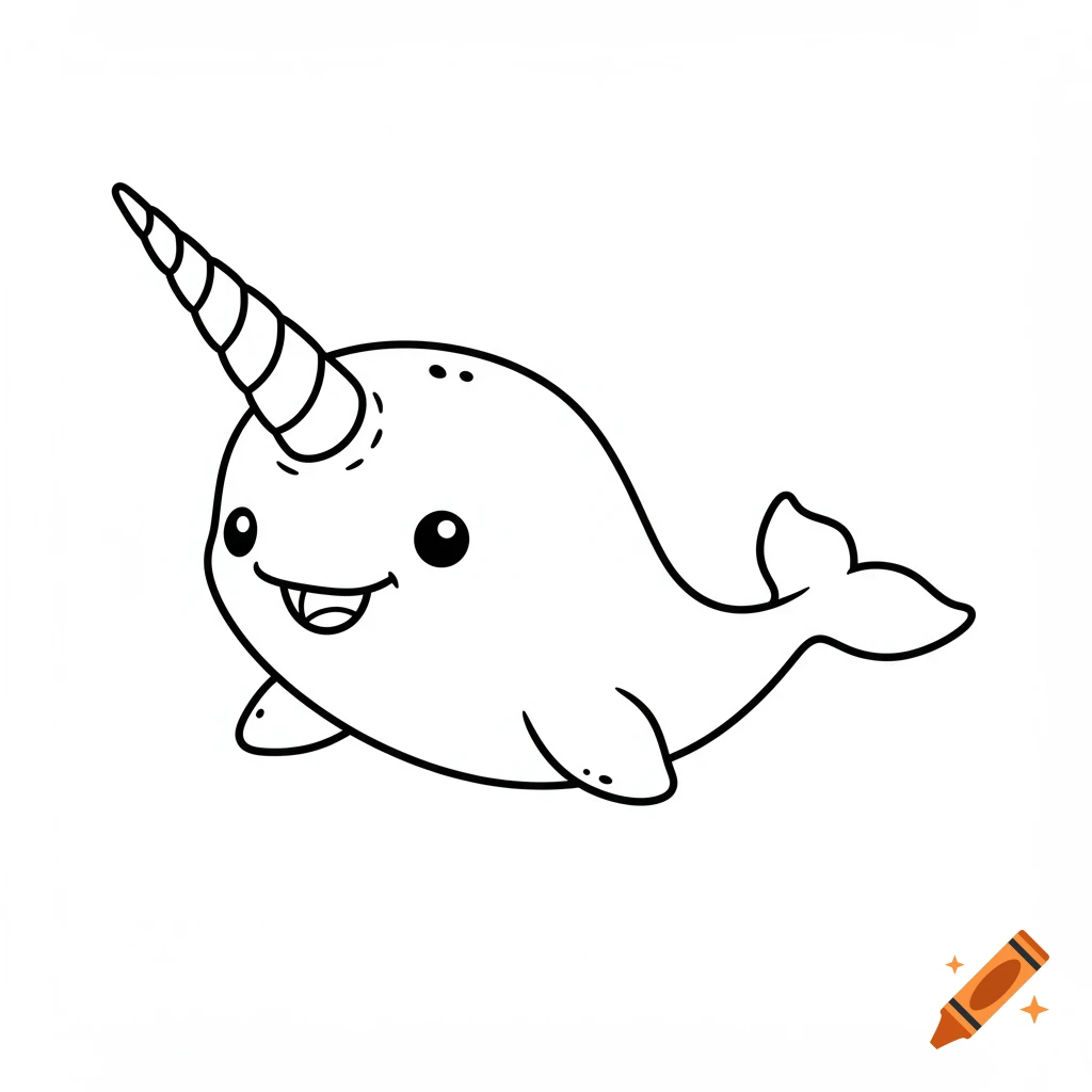 A cute cartoon baby narwhal line art drawing with a long spiral horn and a big smile.