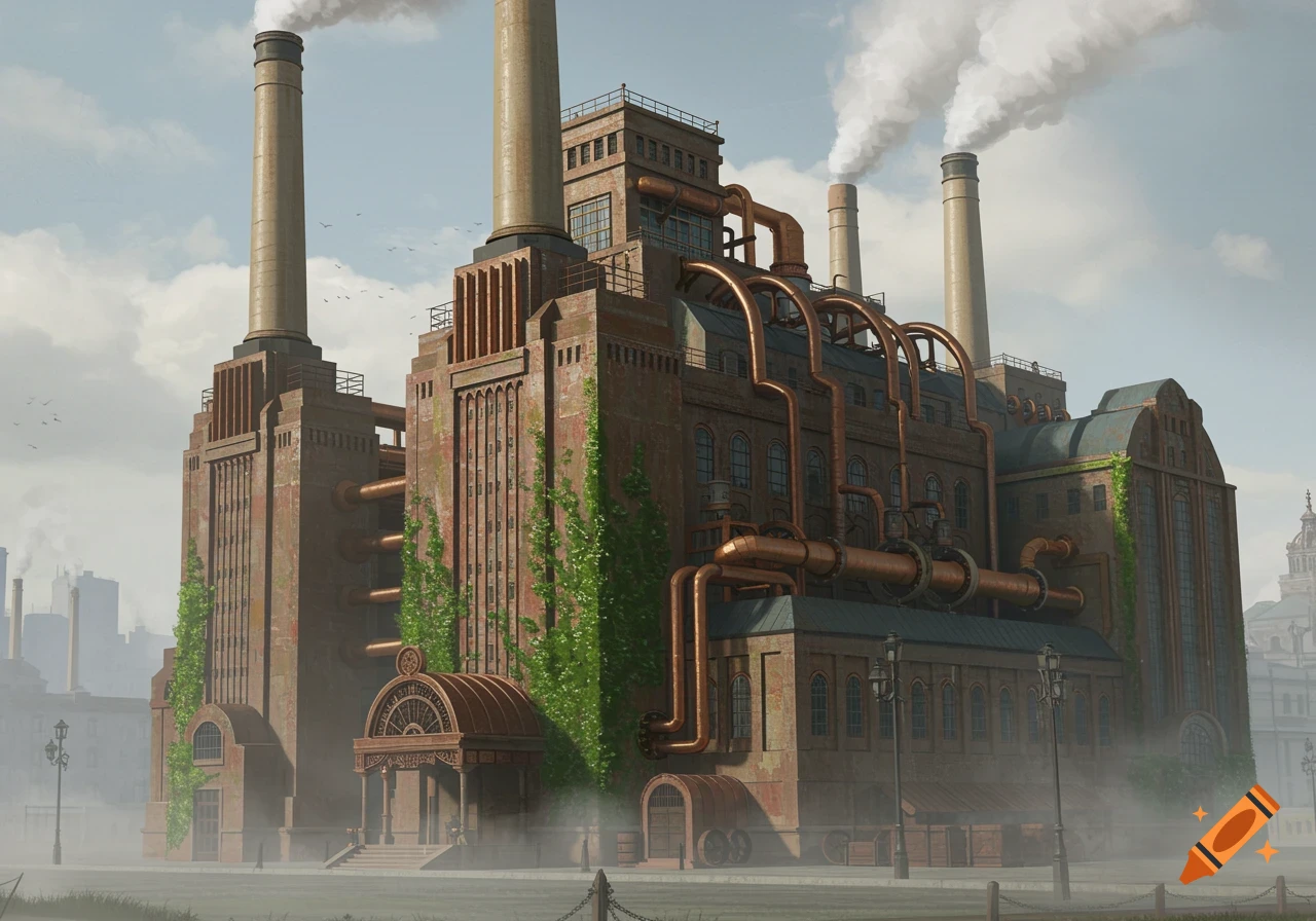 A detailed steampunk power plant with red brick walls, copper pipes, tall smokestacks, and green vines, under a cloudy sky.