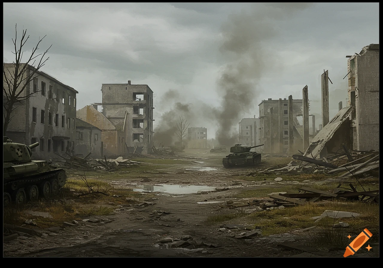 A desolate, smoke-filled WWII battlefield with ruined buildings and two tanks under a cloudy sky.