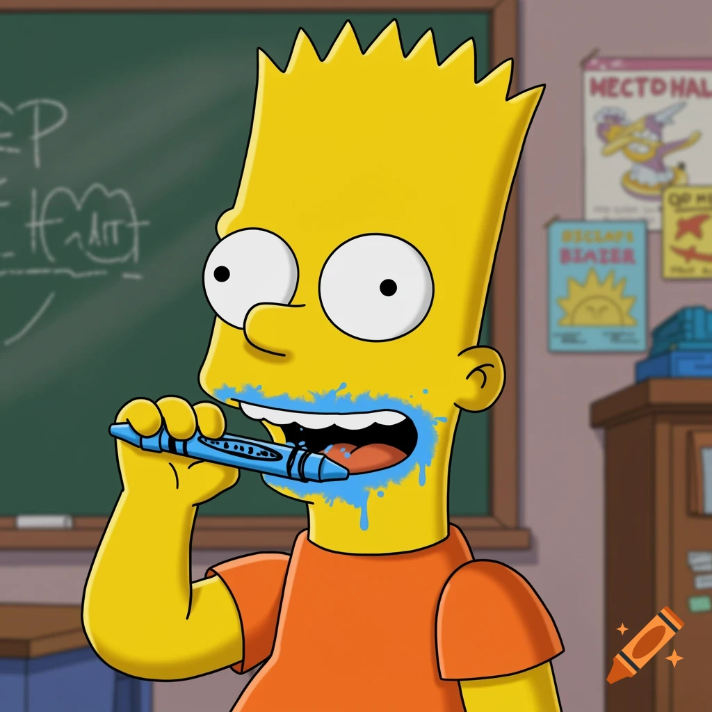 Bart Simpson, in a cartoon style, bites a blue crayon, leaving blue marks on his mouth and chin, in a classroom.