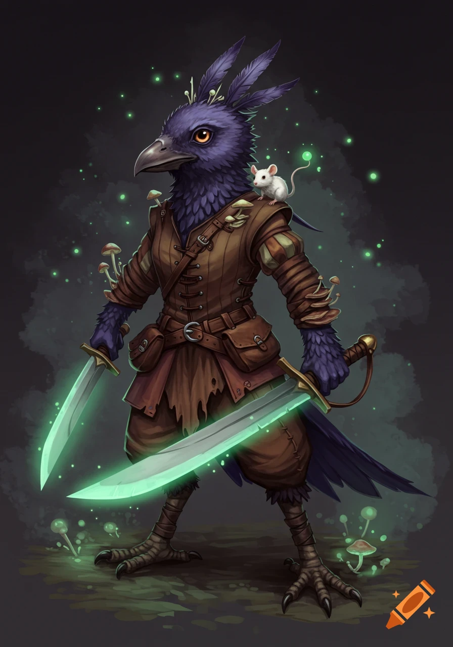 A dark purple feathered Kenku warrior in brown leather armor holds two glowing green scimitars, with a small white mouse on its shoulder.