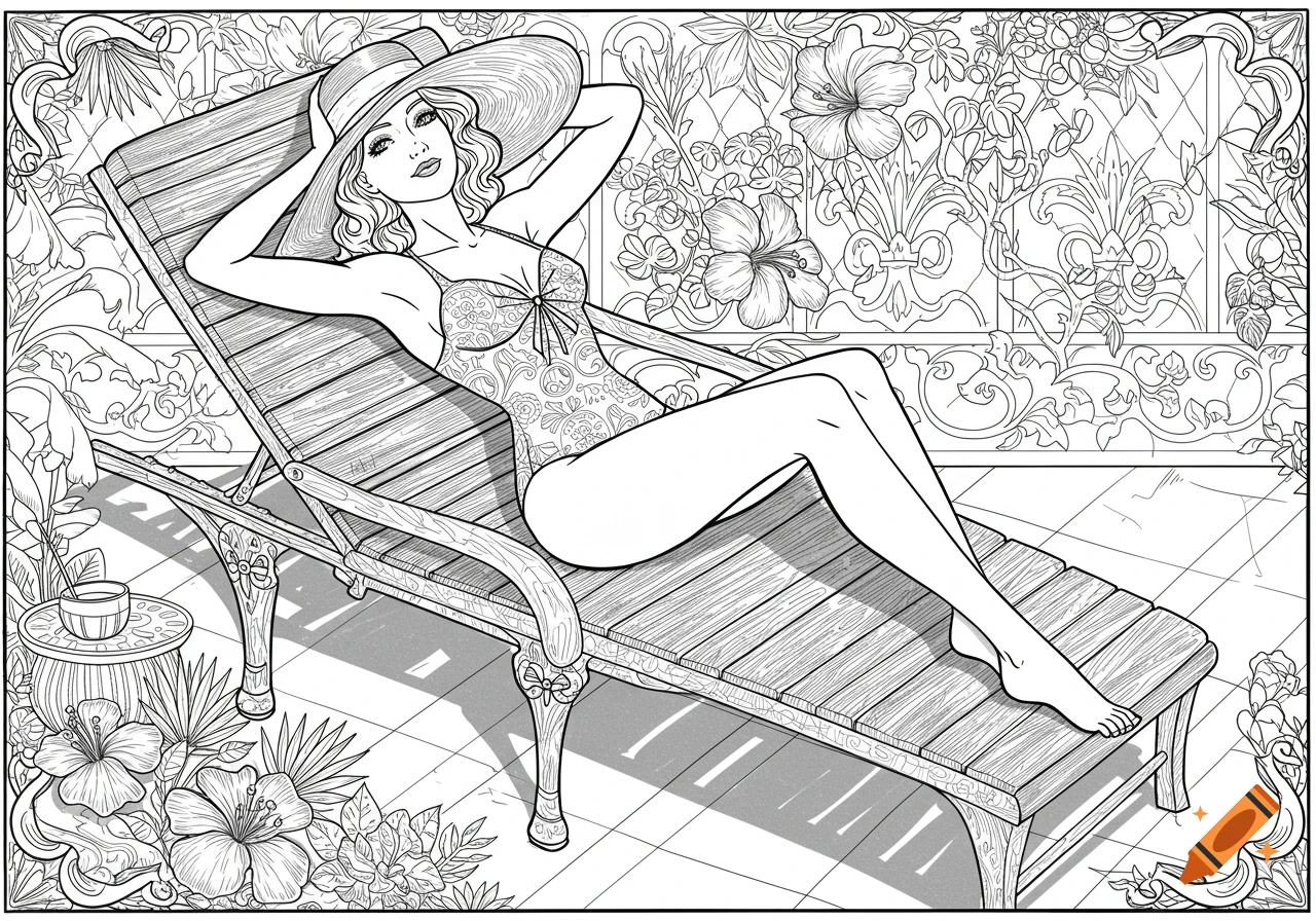 Black and white coloring book page of a woman in a swimsuit and hat relaxing on a lounge chair surrounded by plants and flowers.