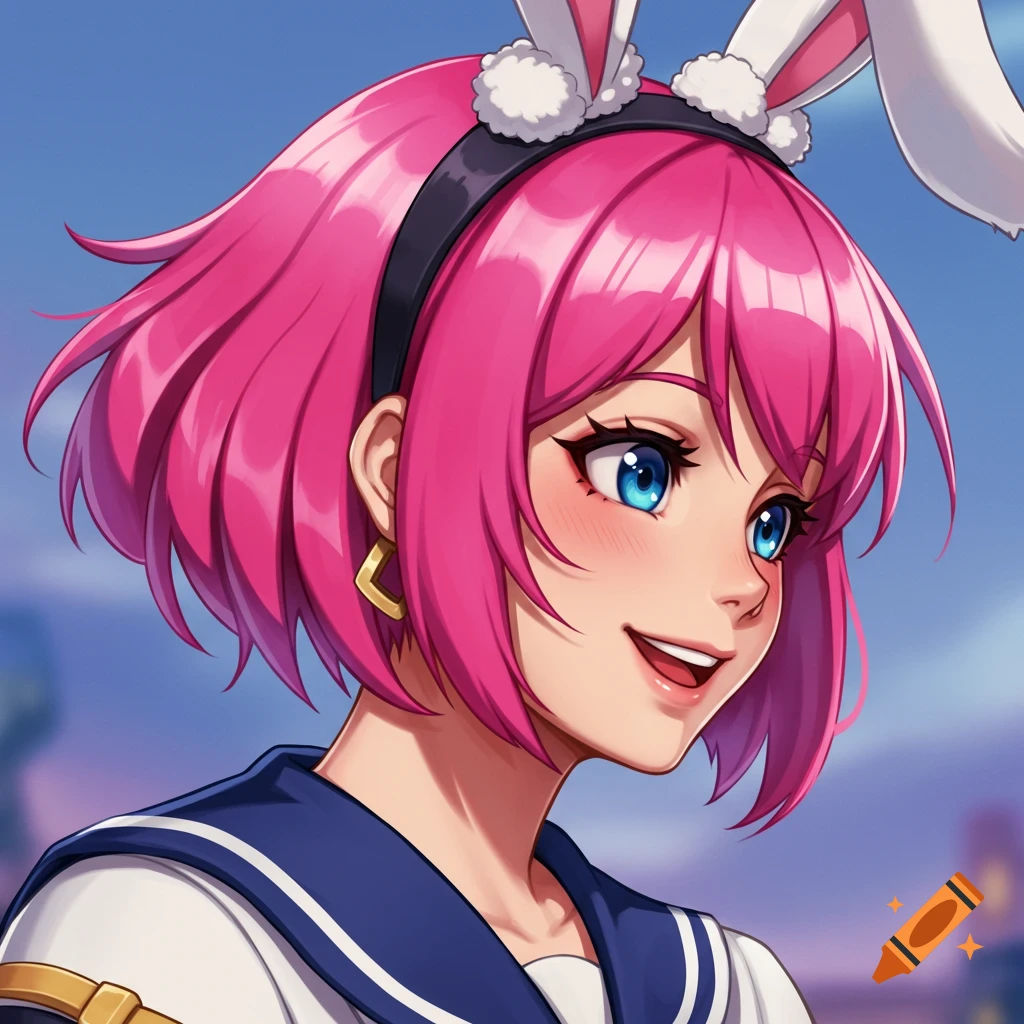 A pink-haired anime character with blue eyes, wearing a sailor uniform and bunny ears, smiles.