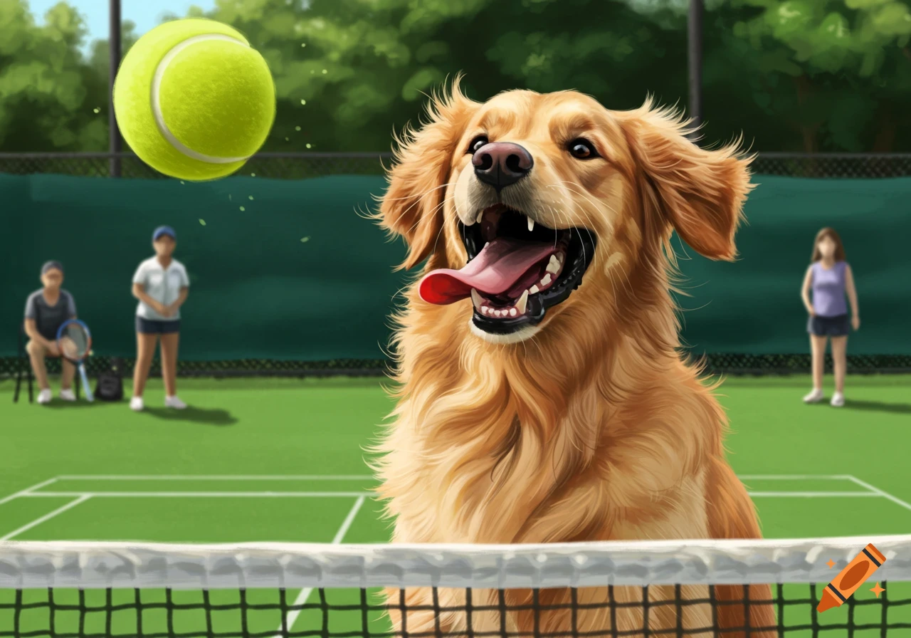 A happy golden retriever on a tennis court looking up excitedly at a tennis ball in a digital painting style.