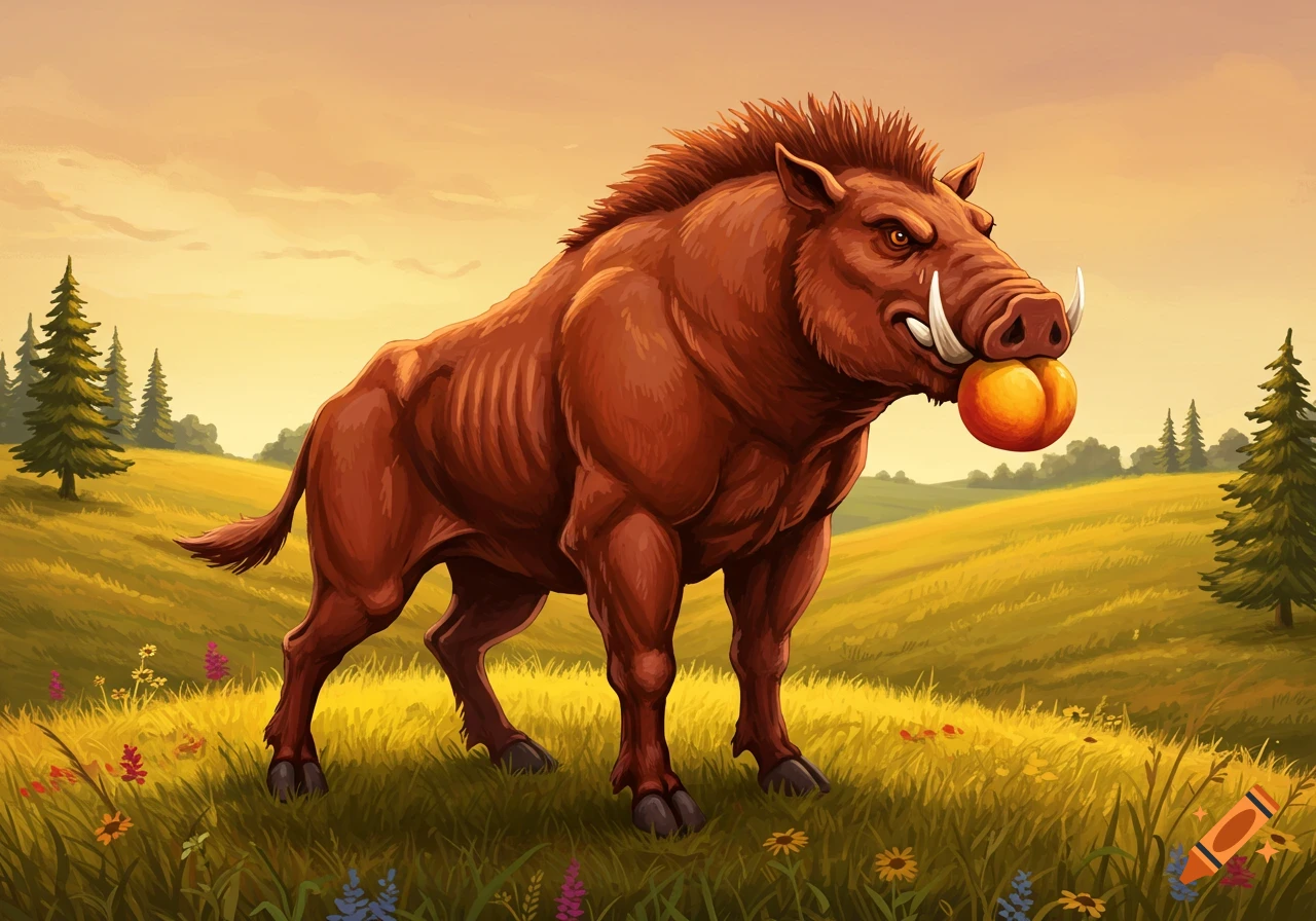 A fierce-looking wild boar, an Arkansas Razorback, stands in a grassy field at sunset, holding a peach in its mouth. Cartoon illustration style.