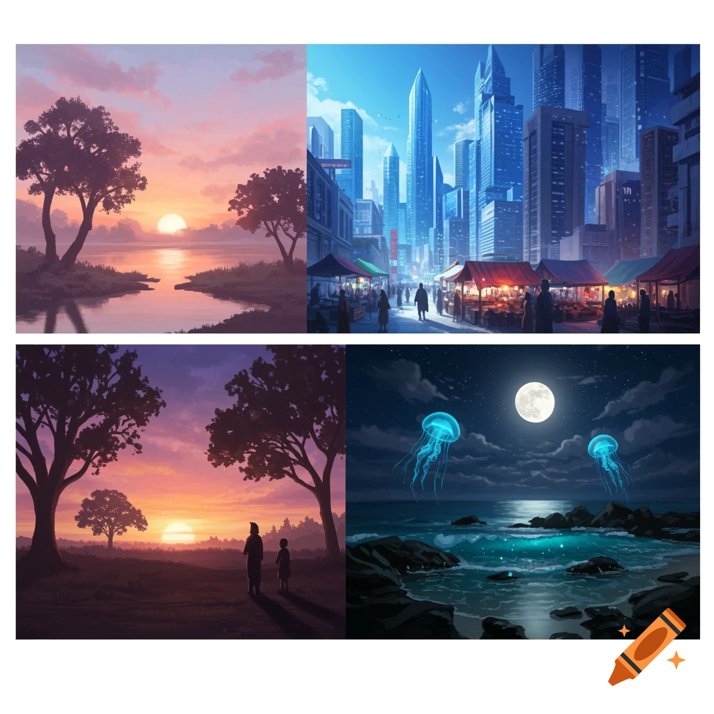 Four digital art scenes: a sunset over water, a bustling city market, two figures watching a sunset, and a moonlit ocean with jellyfish.