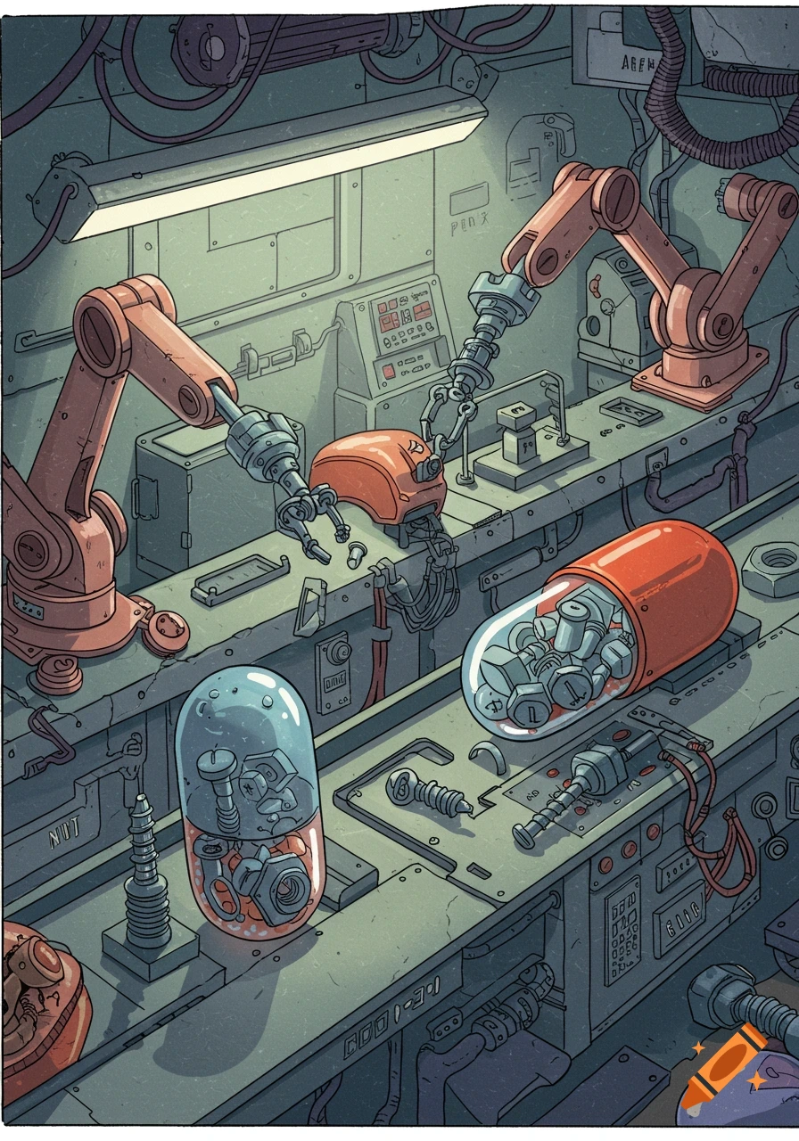 A stylized cartoon illustration of an automated factory floor with robotic arms assembling nuts and bolts into large transparent capsules on a conveyor belt.