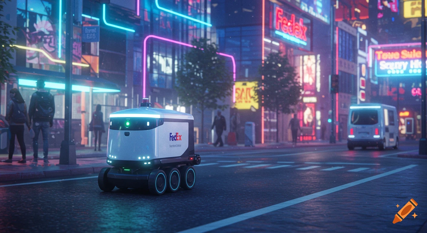 A futuristic FedEx delivery robot drives on a wet city street at night, illuminated by neon signs.