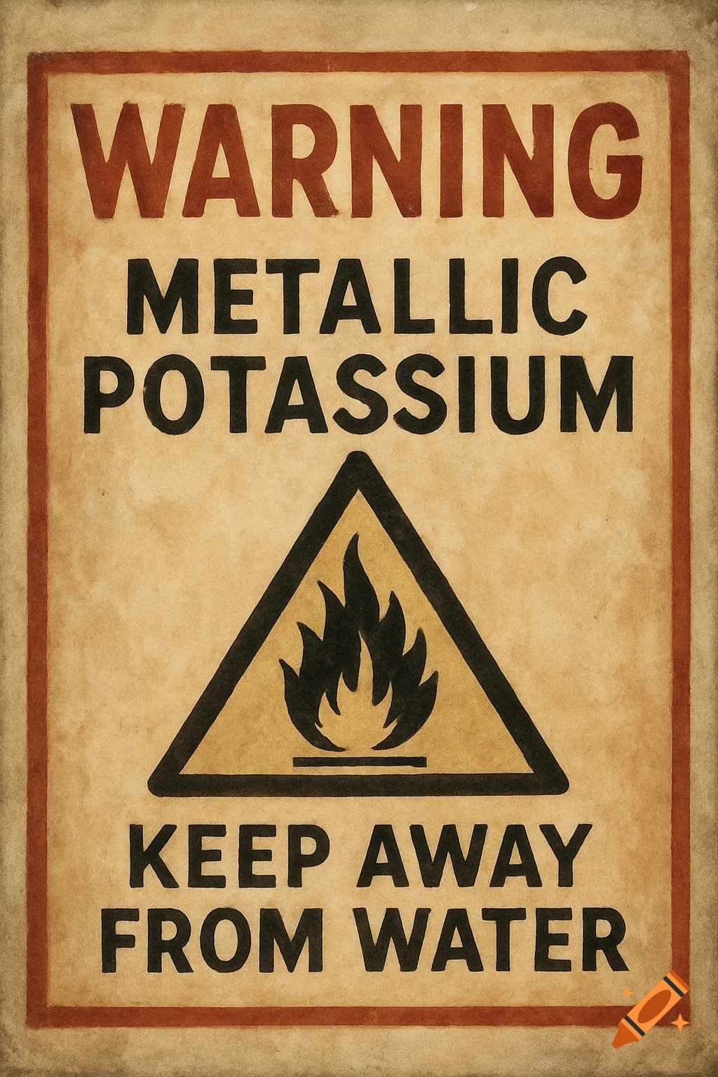 A vintage-style warning sign with black text on a brown paper background. It reads 'WARNING METALLIC POTASSIUM KEEP AWAY FROM WATER' with a black flame hazard symbol.