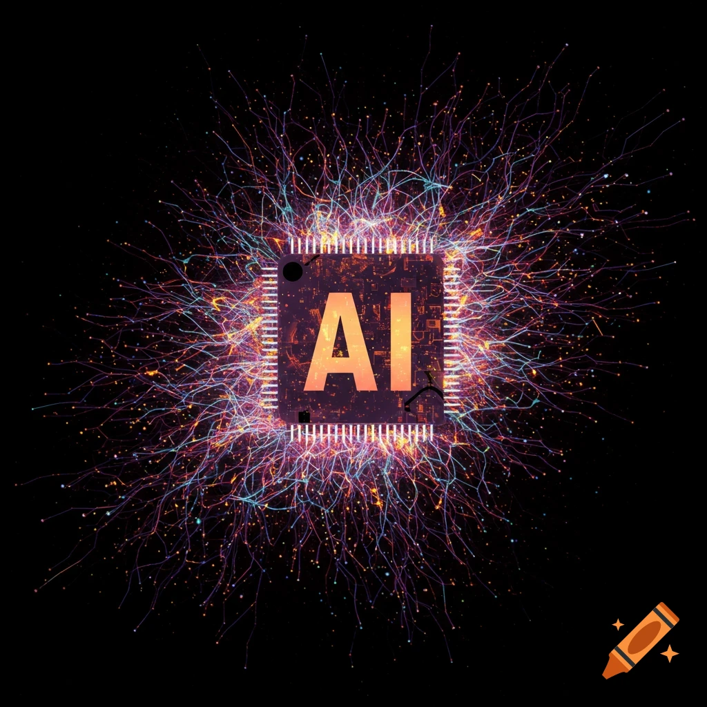 A glowing AI chip surrounded by colorful neural network patterns on a black background.