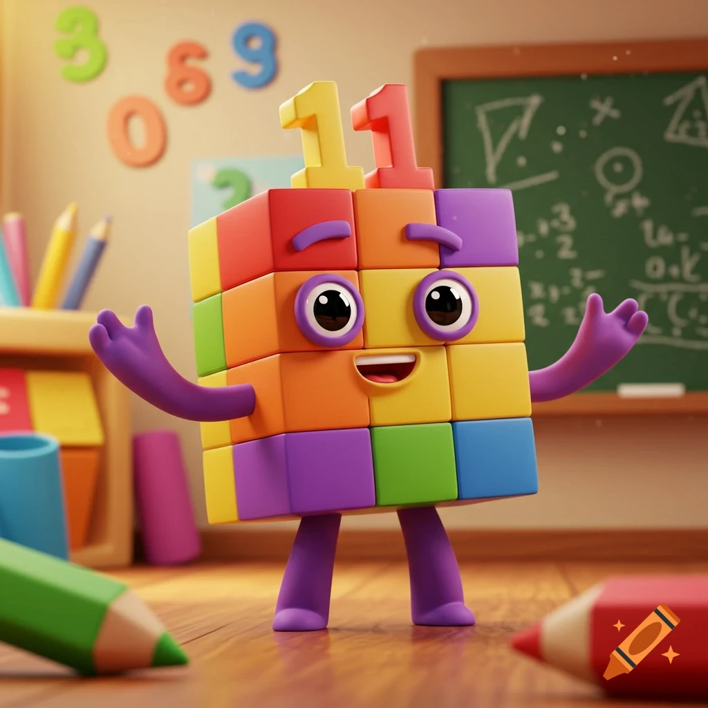 A colorful block character resembling Numberblock 11 stands in a classroom with numbers on the wall and pencils on the floor. It has a cheerful expression and outstretched arms.