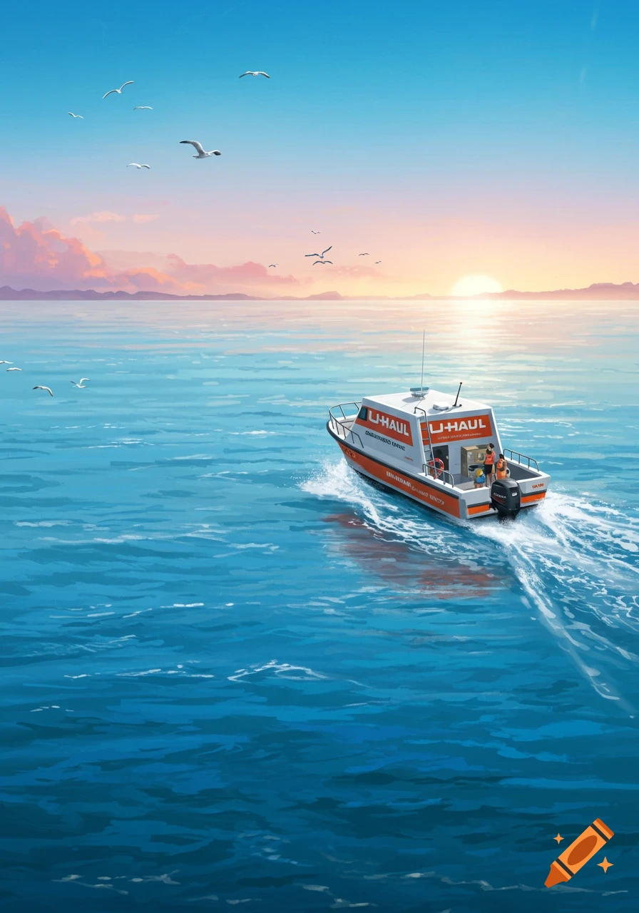 An orange and white U-HAUL boat travels across a blue ocean towards a vibrant sunset on the horizon, with seagulls flying overhead.